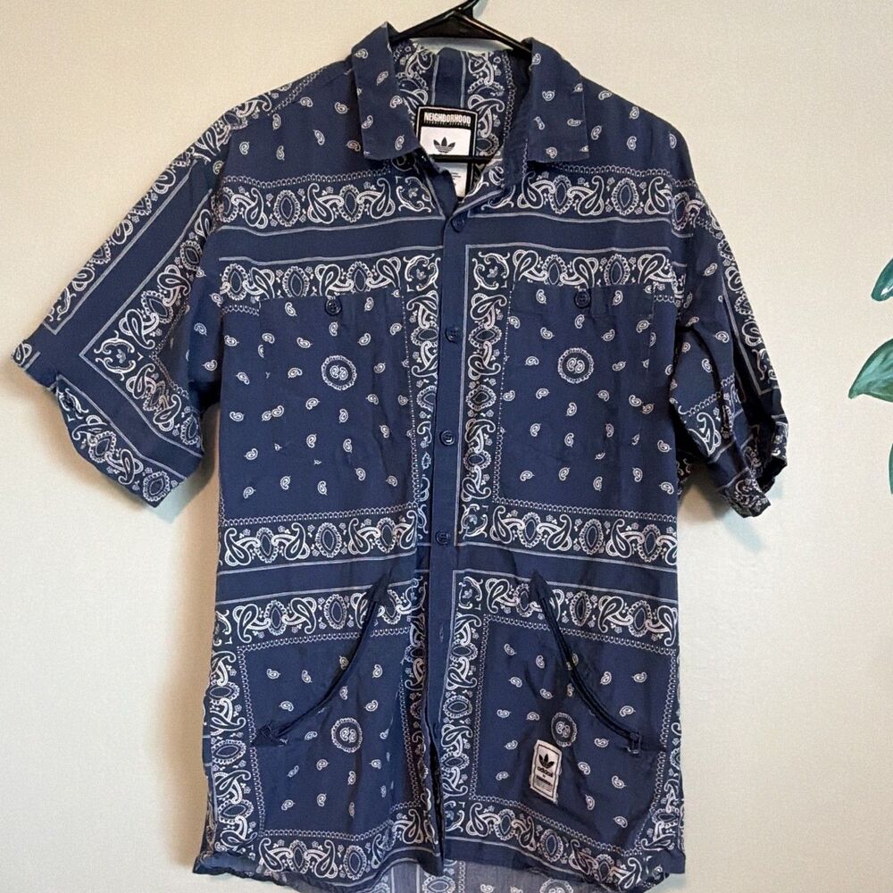 adidas Navy Blue Bandana Print Short Sleeve Button-Down Shirt